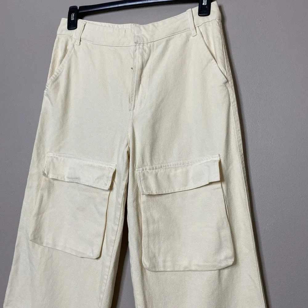 ZARA Women Jeans Sz S High Waisted Baggy Loose Fit Wide Leg Cargo Pants Beige - Picture 3 of 11